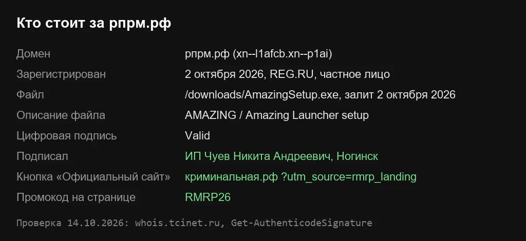 Сводка проверки рпрм.рф: дата регистрации домена, файл AmazingSetup.exe, действительная подпись, ссылка на криминальная.рф и промокод