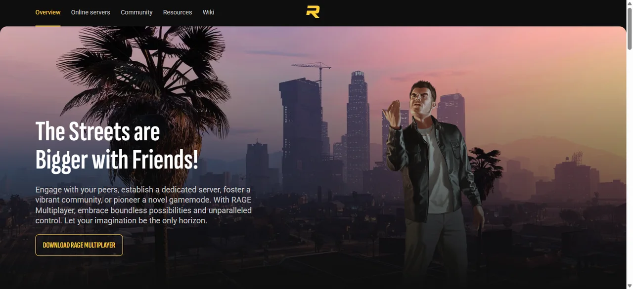 Официальный сайт rage.mp с кнопкой Download RAGE Multiplayer — отсюда скачивается лаунчер для GTA 5 RP