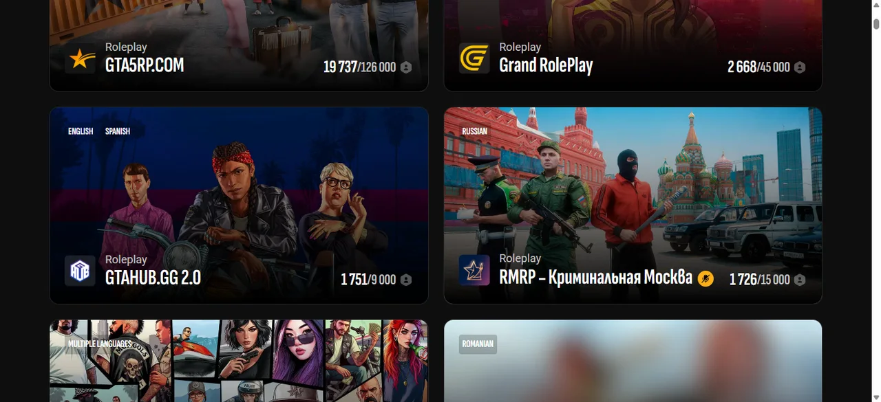 Список серверов в лаунчере RAGE MP: карточка RMRP — Криминальная Москва рядом с GTA5RP.COM и GTAHUB