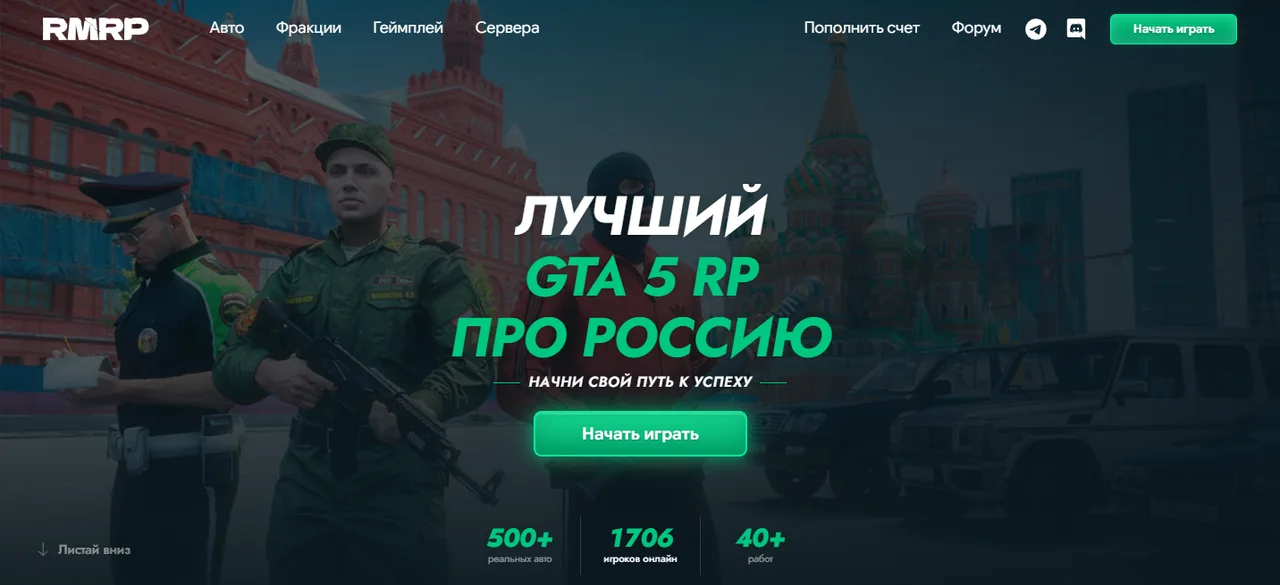 Официальный сайт RMRP: заголовок «Лучший GTA 5 RP про Россию», кнопка «Начать играть» и 1706 игроков онлайн